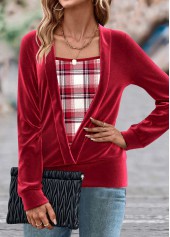 Plaid Fake 2in1 Red Long Sleeve Square Neck Sweatshirt