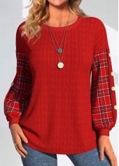 Plaid Button Red Long Sleeve Round Neck Sweatshirt
