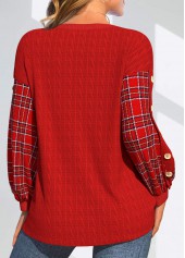 Plaid Button Red Long Sleeve Round Neck Sweatshirt