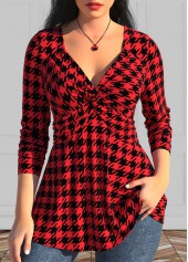 Geometric Print Twist Red Long Sleeve T Shirt