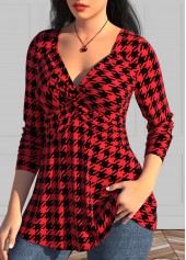 Geometric Print Twist Red Long Sleeve T Shirt