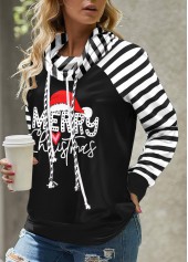 Striped Patchwork Black Long Sleeve Cowl Neck Sweatshirt