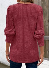 Patchwork Wine Red Long Sleeve V Neck T Shirt