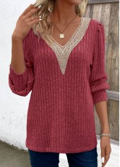Patchwork Wine Red Long Sleeve V Neck T Shirt