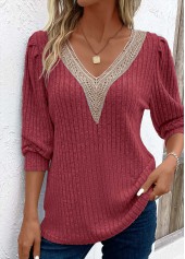 Patchwork Wine Red Long Sleeve V Neck T Shirt