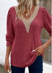 Patchwork Wine Red Long Sleeve V Neck T Shirt