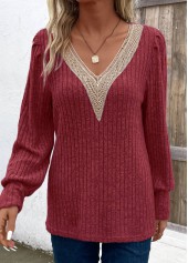 Patchwork Wine Red Long Sleeve V Neck T Shirt