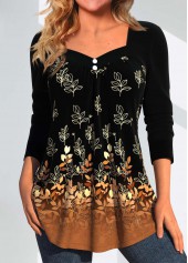 Random Floral Print Button Dark Camel T Shirt