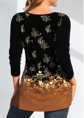 Random Floral Print Button Dark Camel T Shirt