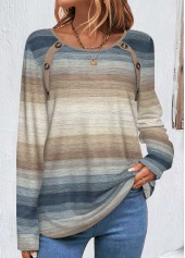 Striped Button Multi Color Long Sleeve T Shirt