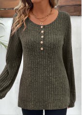 Button Olive Green Long Sleeve Round Neck T Shirt