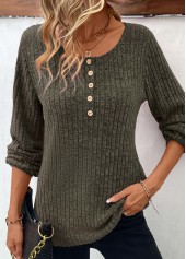 Button Olive Green Long Sleeve Round Neck T Shirt