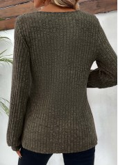 Button Olive Green Long Sleeve Round Neck T Shirt