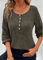Button Olive Green Long Sleeve Round Neck T Shirt