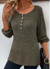 Button Olive Green Long Sleeve Round Neck T Shirt