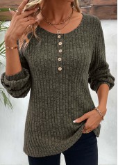 Button Olive Green Long Sleeve Round Neck T Shirt