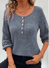 Button Dusty Blue Long Sleeve Round Neck T Shirt