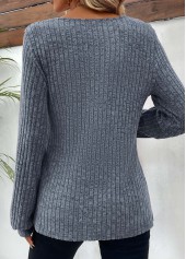 Button Dusty Blue Long Sleeve Round Neck T Shirt