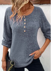 Button Dusty Blue Long Sleeve Round Neck T Shirt