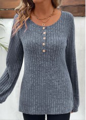 Button Dusty Blue Long Sleeve Round Neck T Shirt