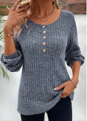 Button Dusty Blue Long Sleeve Round Neck T Shirt