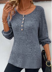 Button Dusty Blue Long Sleeve Round Neck T Shirt