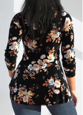 Random Floral Print Twist Black Long Sleeve T Shirt