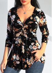 Random Floral Print Twist Black Long Sleeve T Shirt