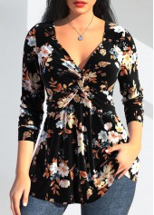 Random Floral Print Twist Black Long Sleeve T Shirt