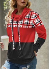 Plaid Patchwork Red Long Sleeve Cowl Neck Sweatshirt