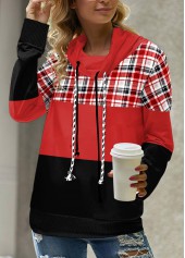 Plaid Patchwork Red Long Sleeve Cowl Neck Sweatshirt