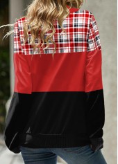Plaid Patchwork Red Long Sleeve Cowl Neck Sweatshirt