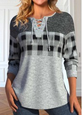 Plaid Lace Up Light Grey Marl T Shirt