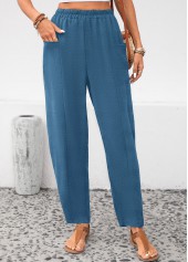 Peacock Blue Elastic Waist Pocket High Waisted Pants