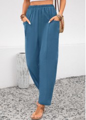 Peacock Blue Elastic Waist Pocket High Waisted Pants