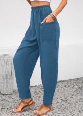 Peacock Blue Elastic Waist Pocket High Waisted Pants