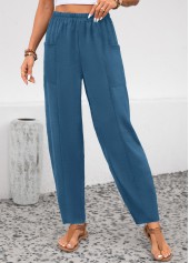 Peacock Blue Elastic Waist Pocket High Waisted Pants