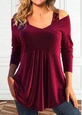 Sequin Wine Red Long Sleeve V Neck T Shirt