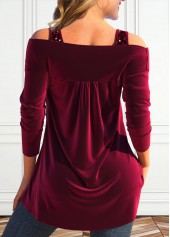 Sequin Wine Red Long Sleeve V Neck T Shirt