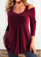 Sequin Wine Red Long Sleeve V Neck T Shirt