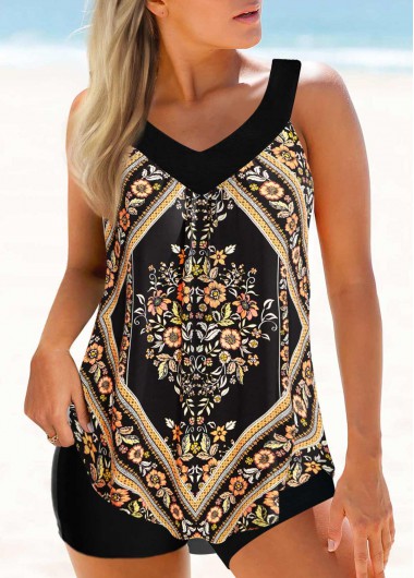 Curved Hem Floral Print Wide Strap Tankini Set Curved Hem Floral Print Wide Strap Tankini Set