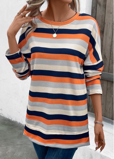 Rosewe Striped Patchwork Multi Color Long Sleeve T Shirt - S