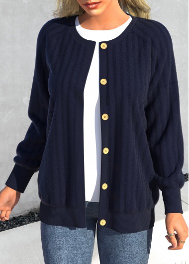 Rosewe Long Sleeve Button Blue Round Neck Coat - XXL
