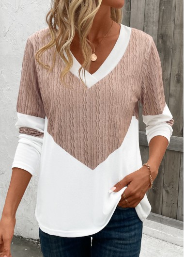 Geometric Print Patchwork Light Camel Long Sleeve T Shirt