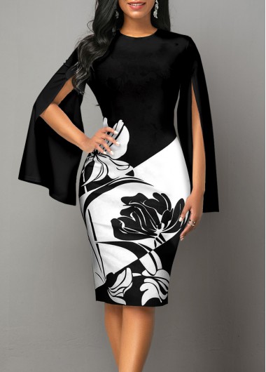 Long Sleeve Floral Print Black Round Neck Dress 35$