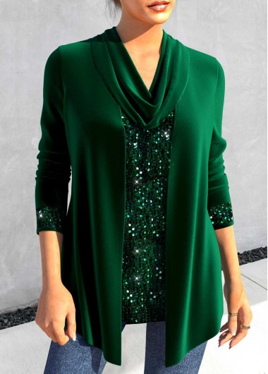 Plus Size Blackish Green Sequin Long Sleeve T Shirt 39$