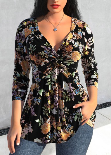 Plus Size Black Velvet Floral Print T Shirt 36$