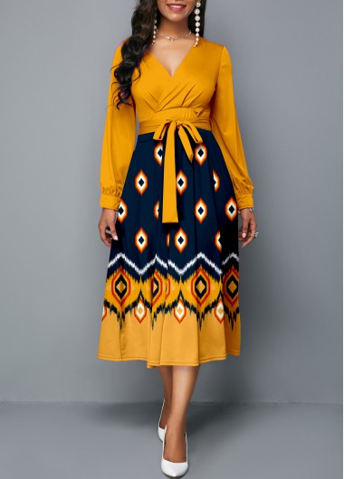 Tribal Print Umbrella Hem Belted Ginger Long Sleeve Dress