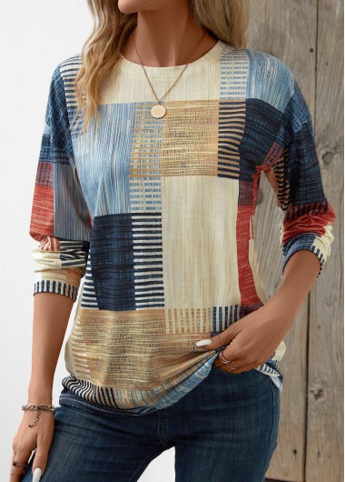 Geometric Print Patchwork Beige Long Sleeve T Shirt