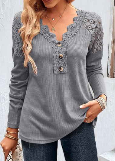 Patchwork Grey Long Sleeve V Neck T Shirt